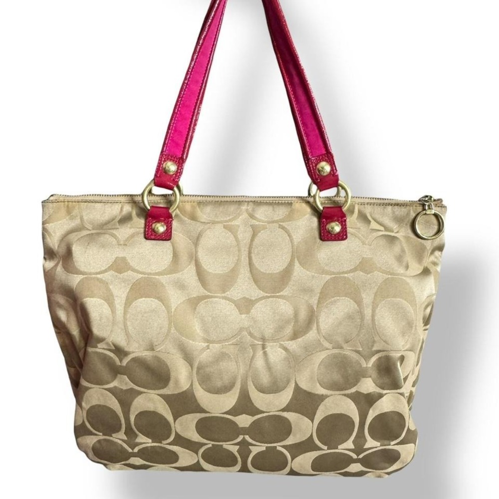 Y2k Coach Poppy Signature Khaki Gold Pink Large Tote‎ Shoulder Bag Glam - Picture 3 of 9